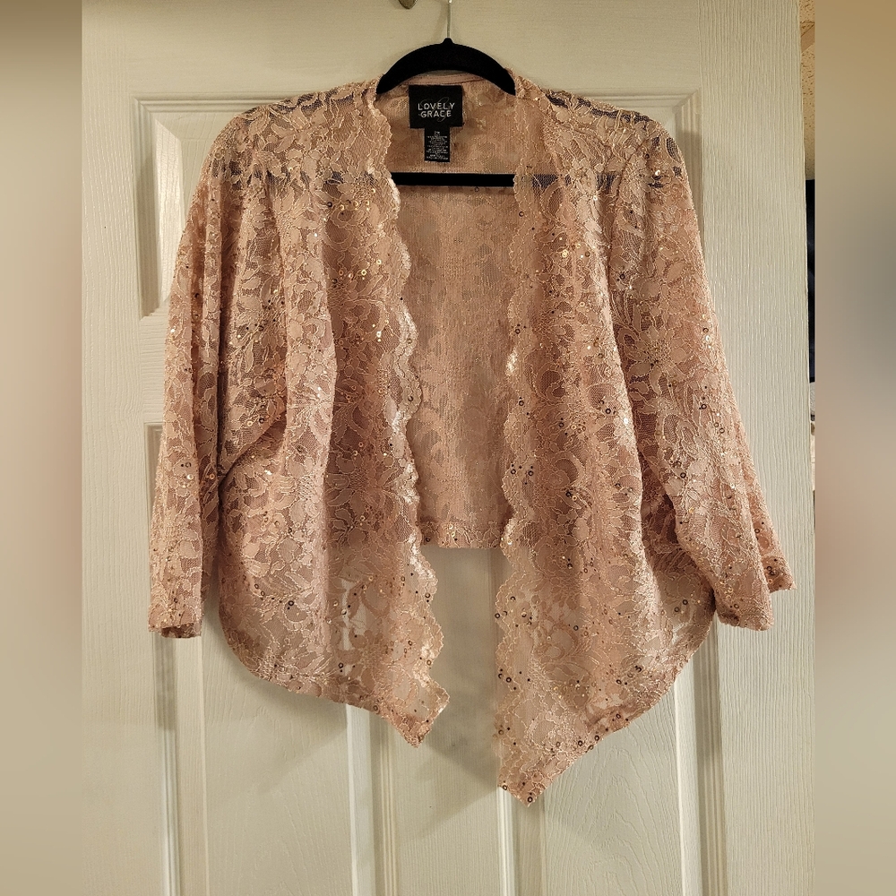 Lovely Grace Formal Lace Sequin Cardigan Dusty Pink Size 2xl NWOT